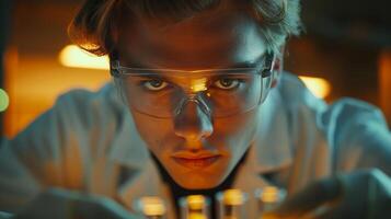 Focused Scientist in Laboratory with Safety Glasses Analyzing Test Tubes Under Warm Light, Laboratory Research Concept, Scientific Discovery and Innovation, Close-Up Portrait of Young Researcher photo