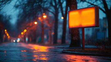 Illuminated Orange Billboard with Copy Space On Wet Urban Street At Night Reflecting City Lights And Bokeh Effect Photography Suitable For Modern Advertising Designs And Holiday Season Promotions photo