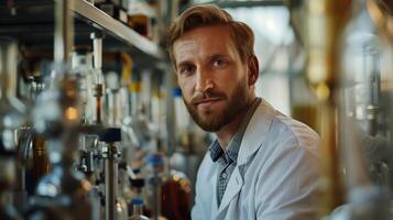 Confident Male Scientist Conducting Research in Modern Laboratory, Wearing Bow Tie and White Coat photo