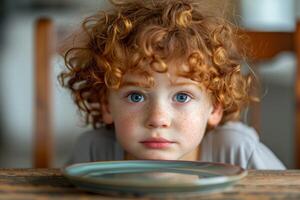 Curious Red-Haired Child with Freckles and Blue Eyes Stares Intently at Empty Plate on Wooden Table in Natural Light Indoors photo