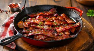 Sizzling Bacon Strips in Cast Iron Skillet with Herbs and Seasoning on Rustic Wooden Table, Perfect for Breakfast, Brunch, or Gourmet Cooking Enthusiasts photo