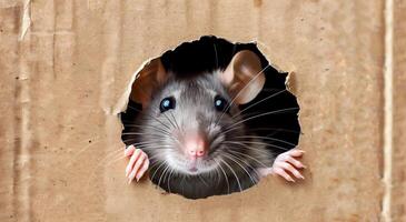 Curious Rat Peeking Through a Hole in Cardboard Box with Whiskers and Sharp Claws in Focus, Highlighting Rodent Exploration, Pet Curiosity, and Animal Behavior in Industrial and Natural Settings photo