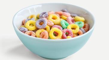 Vibrant Bowl of Colorful Fruit Loop Cereal Against White Background photo