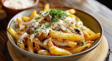 Gourmet Truffle Parmesan Fries with Mushrooms and Cream Sauce, Perfect for Holiday Appetizers, Top-Down View, Rustic Presentation in Brown Ceramic Bowls photo