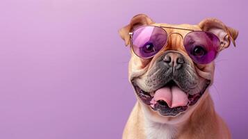 Close-up portrait of a happy bulldog wearing purple-tinted sunglasses, with a cheerful expression on a solid purple background. photo