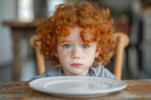 Hungry Child Concept Empty Plate, Awaiting Meal in Home Setting with Warm Tones photo