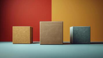 Modern Geometric Cubes Against Bold Colorful Background With Minimalist Design, Red, Yellow, Blue, Abstract Art, Contemporary Style, Clean Lines, Sophisticated Aesthetic, Artistic Presentation photo