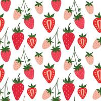 Strawberry seamless hand drawn pattern. Red and Pink Berry background with green leaves. vector