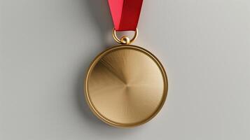 Golden Medal With Red Ribbon on Gray Background, 3D Illustration, Award Symbol, Sporting Achievement, Elegant and Shiny Design for Competitions and Celebrations photo