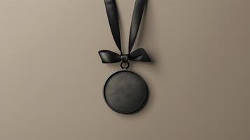Elegant Black Memorial Medal Hanging With Ribbon On Neutral Background, Simple Design For Awards And Achievements photo