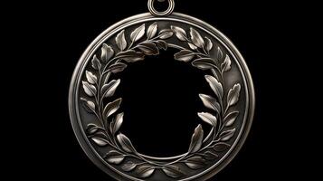 Ornate Silver Medal with Laurel Wreath, Copy Space, Mockup Detailed Metalwork, Blank Center for Customization, Award Recognition, Victory Symbol, Elegant Design, Isolated on Black Background photo