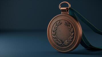 Bronze Medal On Dark Blue Background With Green Ribbon, High-Resolution Image Of Award Symbolizing Achievement, Victory, Sports Excellence, And Honor In Athletic Competitions photo