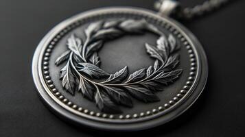 Silver Medal with Intricate Leaf Design on Black Background, Awards, Achievements, and Honors photo