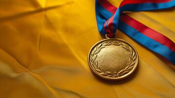 Golden Medal With Blue And Red Ribbon On Yellow Fabric Symbolizing Achievement, Honor, And Victory In Competitive Sports Or Academic Events, Perfect For Celebratory Designs And Recognition Themes photo