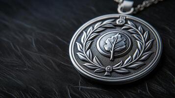 Elegant Silver Medal on Black Texture Background Featuring Oak Leaf And Laurel Design in Close-Up Detail photo