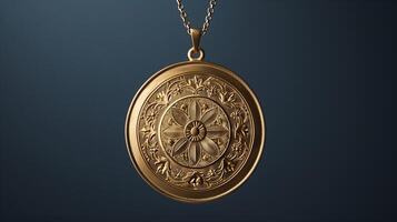 Intricately Designed Gold Coin Pendant With Floral Engravings on Linked Chain Against Dark Blue Background - Exquisite Jewelry Art Piece photo