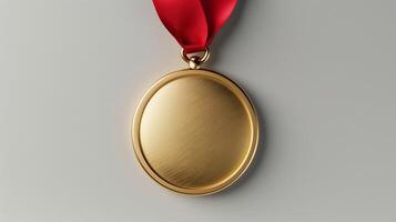 Glossy Professional Gold Medal with Red Ribbon on Gray Background for Award, Achievements, Celebrations, Competitions, Sports Events, and Recognitions - High Quality Detailed Close-Up View photo