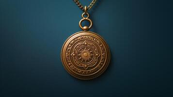 Vintage Ornate Gold Pendant Necklace with Intricate Geometric Patterns and Detailed Designs on Dark Background photo