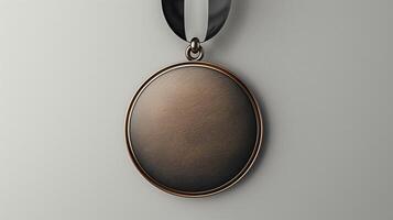 Elegant Bronze Medal With Black Ribbon On Minimalist Gray Background, Perfect For Award And Recognition Themes, High-Quality Design Ideal For Sports, Competitions, And Achievements photo