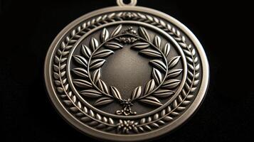 Elegant Silver Medal with Laurel Wreath on Black Background, Perfect for Award Ceremonies, Sporting Achievements, and Recognitions - Detailed Close-up photo