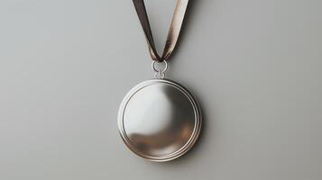 Shiny Silver Medal with Brown Ribbon Isolated on Minimalist Gray Background for Award Ceremony, Sports Event, or Achievement Recognition photo