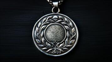 Antique Silver Medal with Intricate Laurel Wreath Design on Dark Textured Background, Greek Roman Style Award for Competitions and Achievements, Elegant Jewelry Piece, Historical Emblem photo