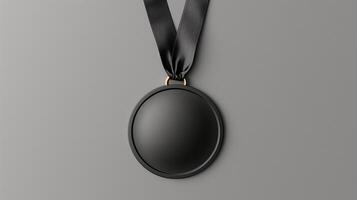 Sleek Black Medal With Satin Ribbon On Gray Background, Design For Award Ceremonies, Contests, Achievements, And Competitions, Modern And Elegant Style, Perfect For Sports Or Academic Recognition photo