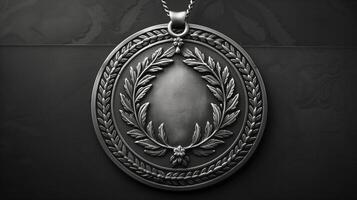 Elegant Silver Medal with Ornate Laurel Wreath Design on Chain Necklace, Elevated View, Low-Key Lighting, Symbolizing Achievement, Excellence, and Victory in Competitive Events photo