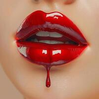 Closeup of a woman's mouth wearing glossy red lipstick, emphasizing the shine and texture of the makeup photo