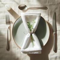 Elegant table setting with green plate and white linen napkin tied with string and flower decorated for festive dinner photo