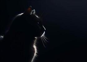 gato silueta con brillante bigotes es curioso dentro el oscuro foto