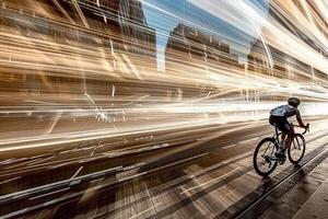 Professional cyclist riding in city with light trails at night photo