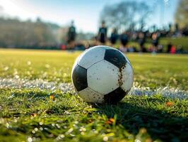 Classic black and white soccer ball is lying on the grass of a football pitch during a match photo