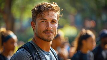 Motivational Fitness Trainer Encouraging Clients During Intense Cardio Session photo