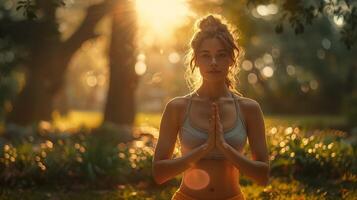 Young Woman Practicing Tree Pose in Serene Park Setting photo