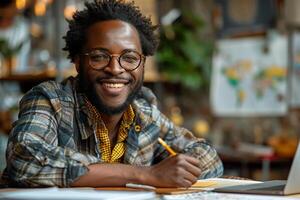 Smiling Accountant Holding Pen and Notebook in Contemporary Workspace photo