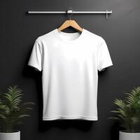 3D Mockup Displaying a Hanging T shirt Against a Realistic Background photo