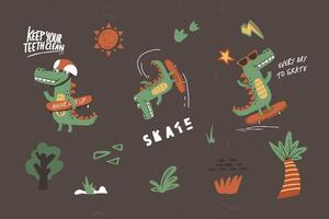 A illustration of a crocodile playing skateboard vector