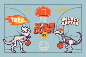 Graphic asset featuring fossilized T-Rex and raptor dinosaurs playing basketball, competing against each other in an arena vector