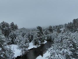 Amazing Cinematic Aerial View On Freezing River. Aerial View Flight Above Frozen Creek Scenic View Of Nature photo