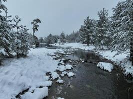 Amazing Cinematic Aerial View On Freezing River. Aerial View Flight Above Frozen Creek Scenic View Of Nature photo