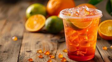 plastic cup of red tea with ice sits on a wooden table photo