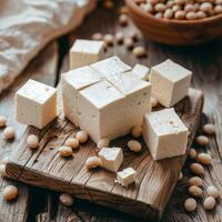 Tofu on a wooden board with soybeans photo