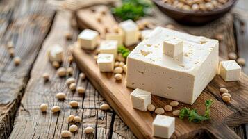 Tofu on a wooden board with soybeans photo