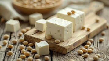 Tofu on a wooden board with soybeans photo