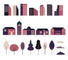 set of illustration, simple minimal geometric flat style - city landscape elements - buildings and trees - city constructor for background for header images for website, cover, banner vector