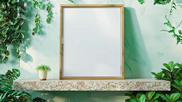 Poster frame mockup on top of terrazzo shelf for artwork placement photo