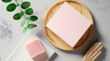 Soap packaging mockup on top of wooden plate for branding, marketing and design placement photo