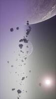 a large cluster of asteroids near an unknown planet, vertical video