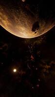 un grande racimo de asteroides cerca un desconocido planeta, vertical video